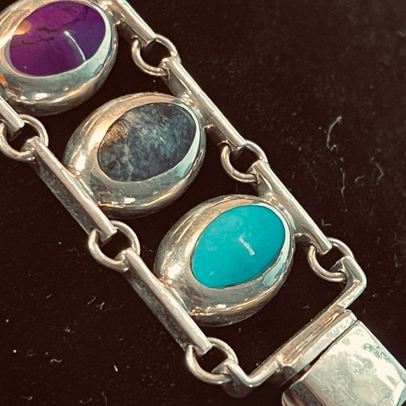 Beautiful 950 Fine Silver Mexico Multi Stone Inlay Link 7.5” Bracelet - Picture 7 of 10